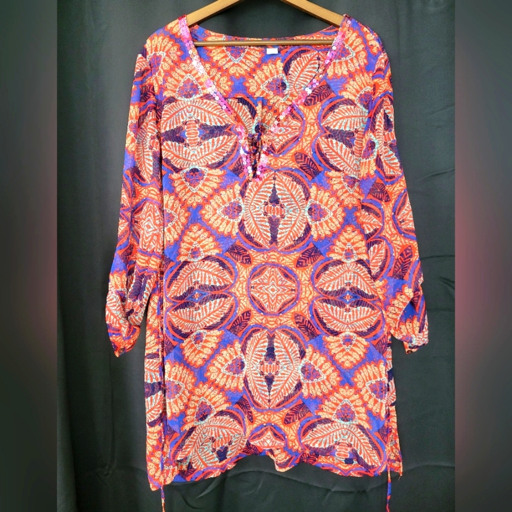 Shear Multi-colored Tunic with Beaded Neckline